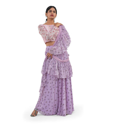 Journal By Pranay Lavender Floral Lace Panelled Lehenga With Choli & Dupatta (Set of 3)