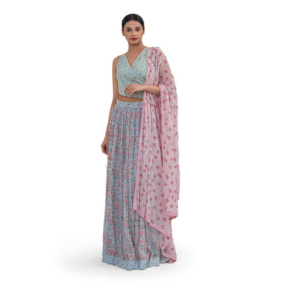 Journal By Pranay Powder Blue Floral Lehenga With Choli & Dupatta (Set of 3)