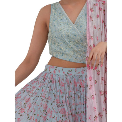 Journal By Pranay Powder Blue Floral Lehenga With Choli & Dupatta (Set of 3)