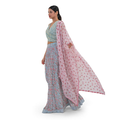 Journal By Pranay Powder Blue Floral Lehenga With Choli & Dupatta (Set of 3)