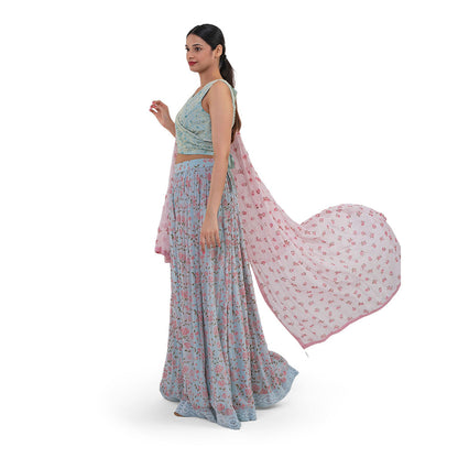 Journal By Pranay Powder Blue Floral Lehenga With Choli & Dupatta (Set of 3)