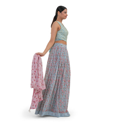 Journal By Pranay Powder Blue Floral Lehenga With Choli & Dupatta (Set of 3)