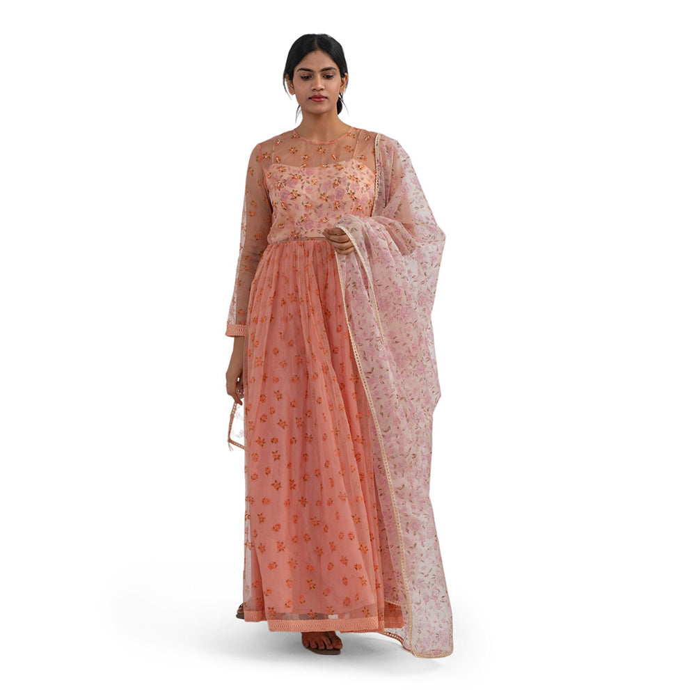 Journal By Pranay Peach Floral Anarkali Kurta With Dupatta (Set of 2)