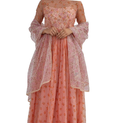 Journal By Pranay Peach Floral Anarkali Kurta With Dupatta (Set of 2)