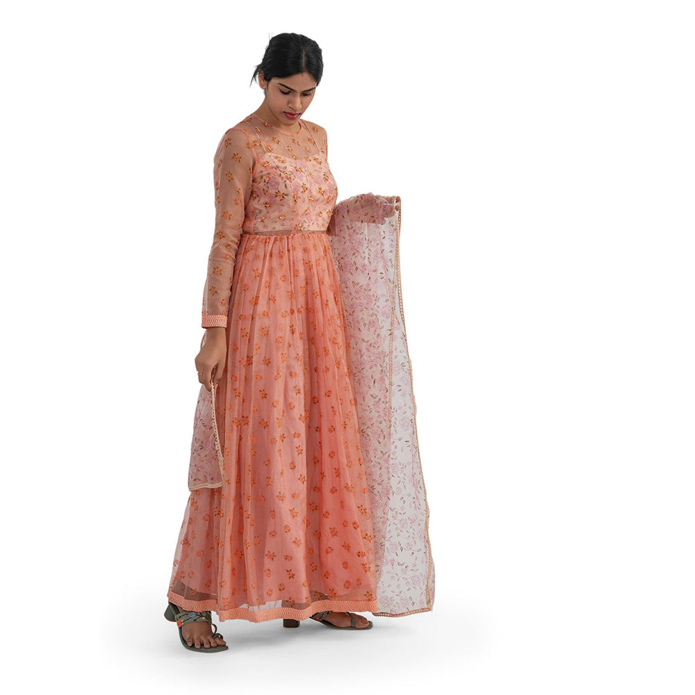 Journal By Pranay Peach Floral Anarkali Kurta With Dupatta (Set of 2)