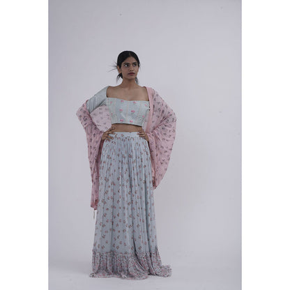 Journal By Pranay Pastel Blue Embroidered Printed Lehenga With Choli & Dupatta (Set of 3)