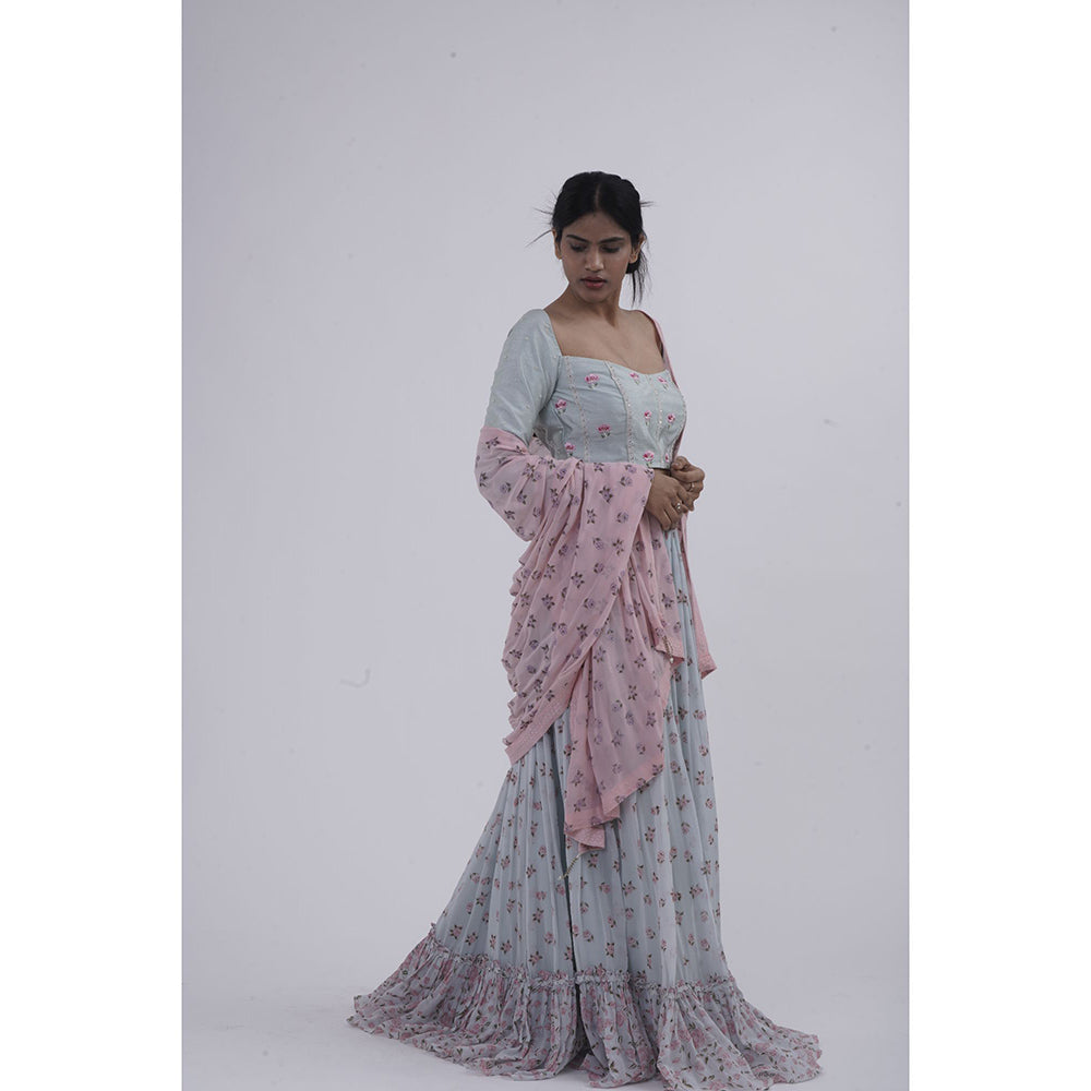 Journal By Pranay Pastel Blue Embroidered Printed Lehenga With Choli & Dupatta (Set of 3)
