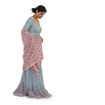 Journal By Pranay Pastel Blue Embroidered Printed Lehenga With Choli & Dupatta (Set of 3)