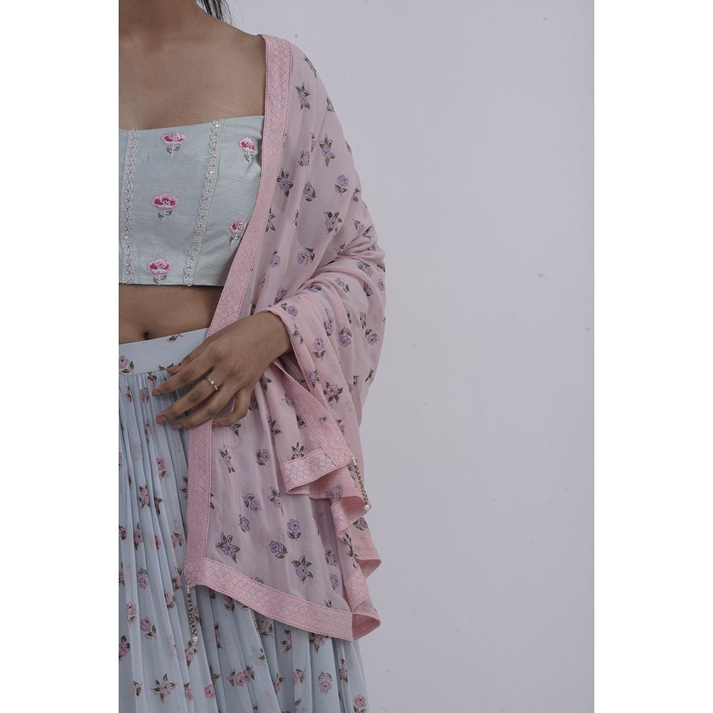 Journal By Pranay Pastel Blue Embroidered Printed Lehenga With Choli & Dupatta (Set of 3)