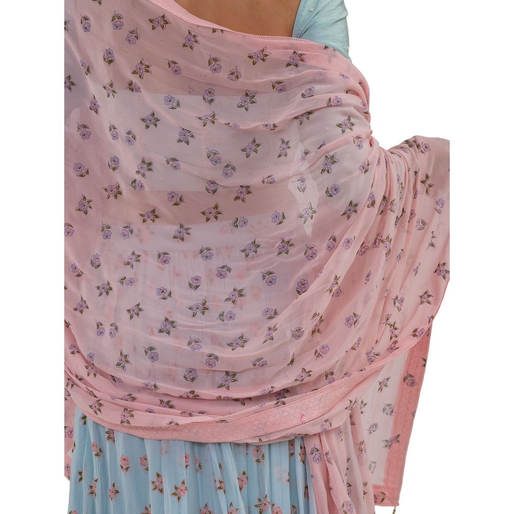Journal By Pranay Pastel Blue Embroidered Printed Lehenga With Choli & Dupatta (Set of 3)