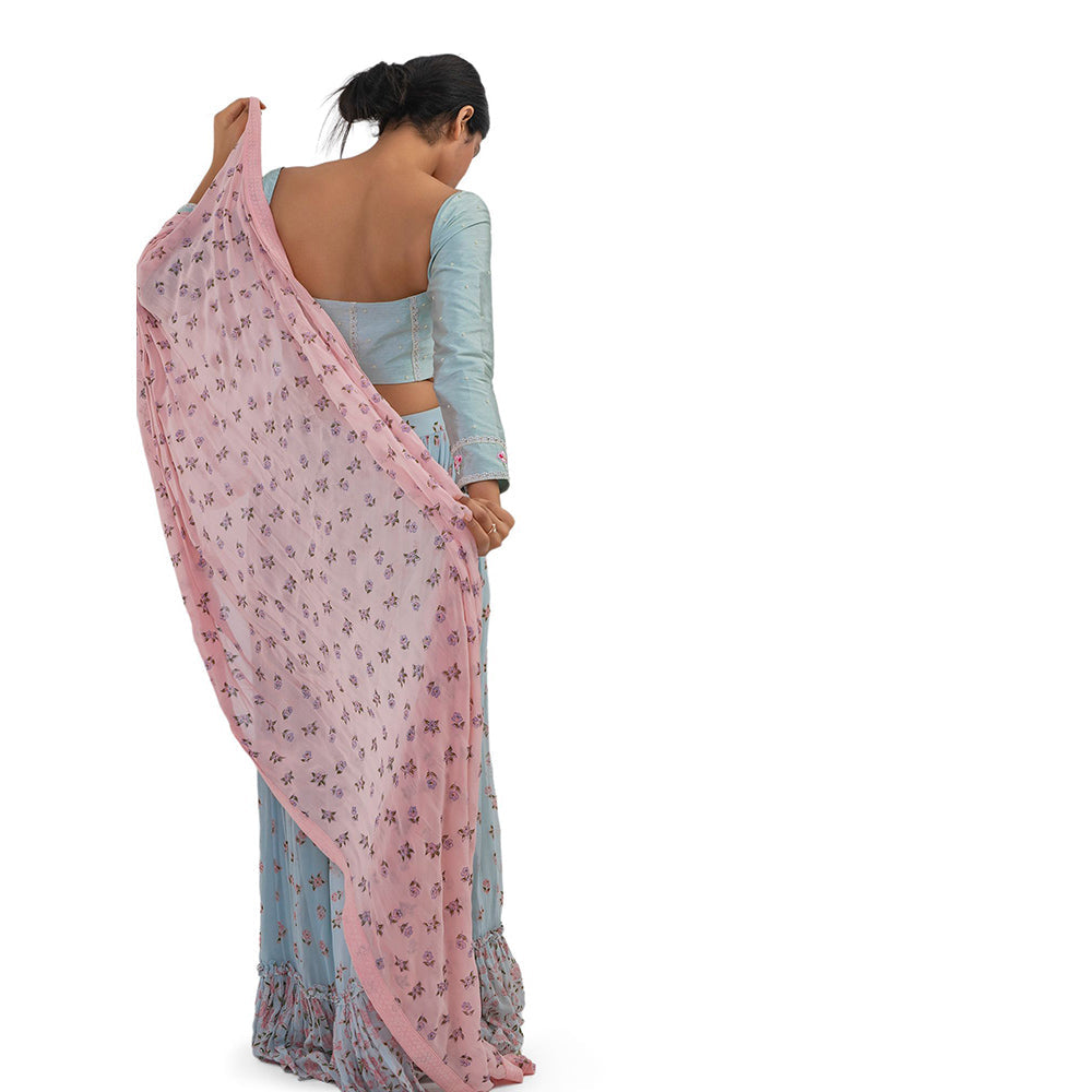 Journal By Pranay Pastel Blue Embroidered Printed Lehenga With Choli & Dupatta (Set of 3)