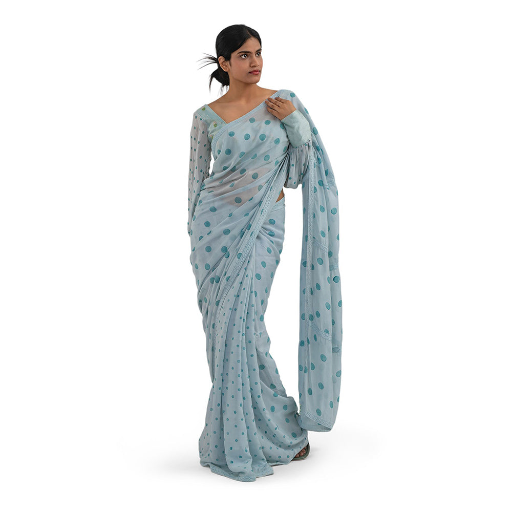 Journal By Pranay Pastel Blue Polka Muslin Silk Saree With Stitched Blouse