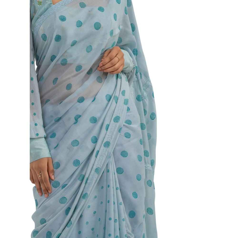 Journal By Pranay Pastel Blue Polka Muslin Silk Saree With Stitched Blouse