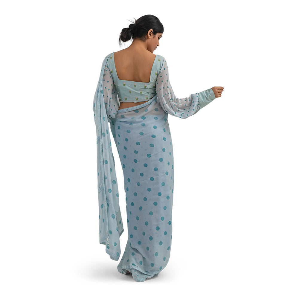 Journal By Pranay Pastel Blue Polka Muslin Silk Saree With Stitched Blouse