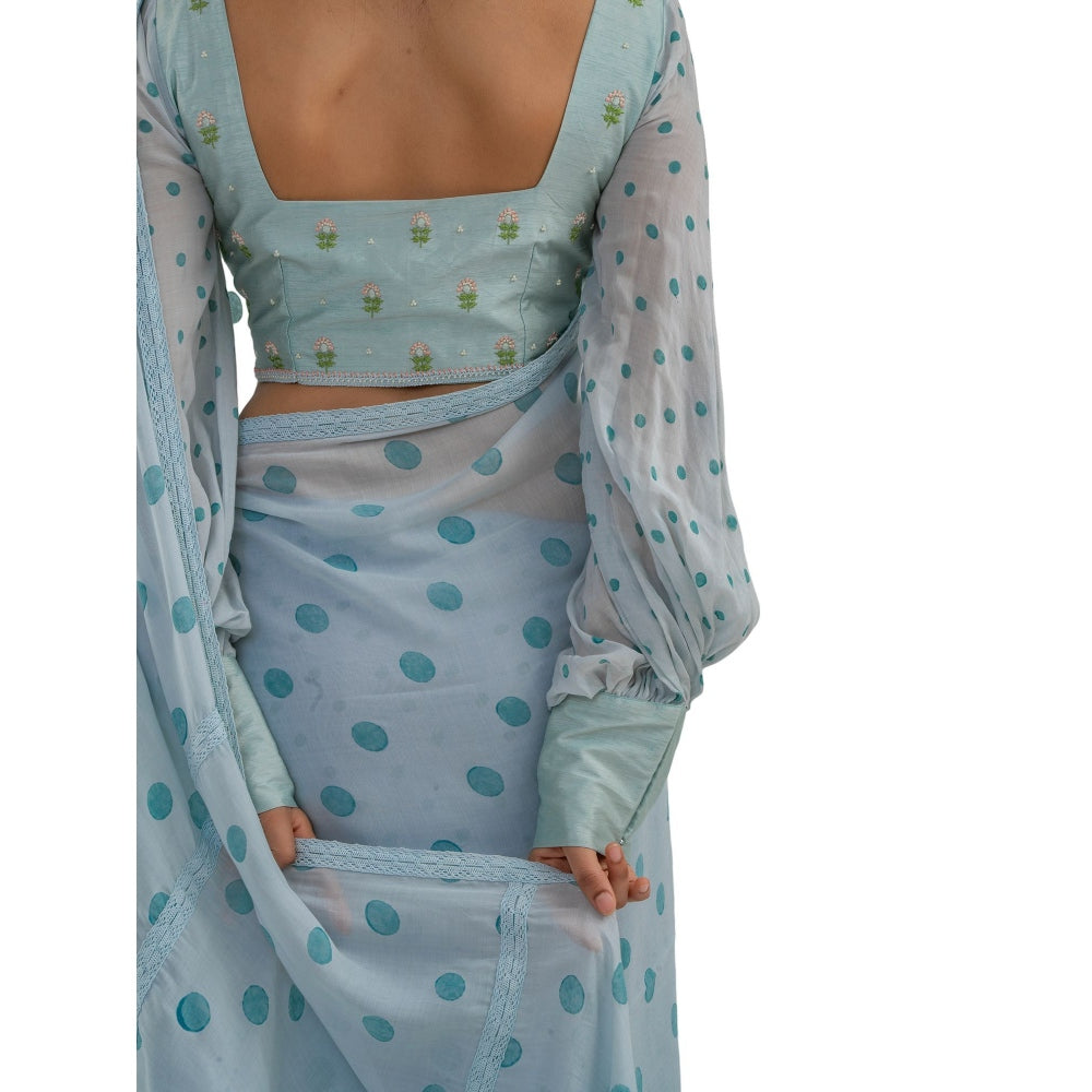 Journal By Pranay Pastel Blue Polka Muslin Silk Saree With Stitched Blouse