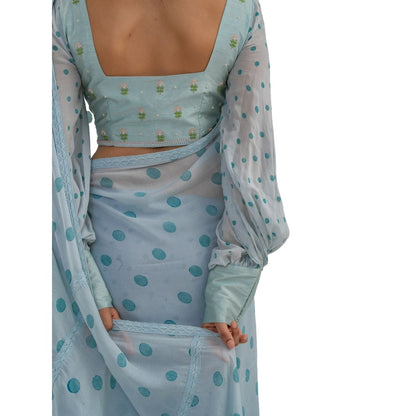 Journal By Pranay Pastel Blue Polka Muslin Silk Saree With Stitched Blouse