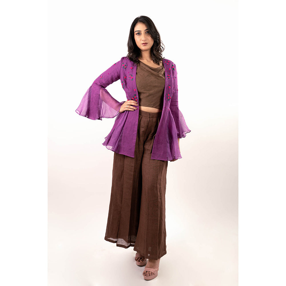 Journal By Pranay Brown Zahra Embroidered Jacket with Crop Top and Pant (Set of 3)