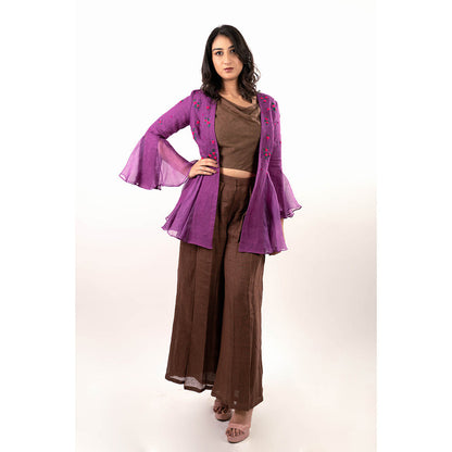Journal By Pranay Brown Zahra Embroidered Jacket with Crop Top and Pant (Set of 3)