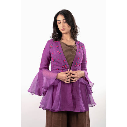 Journal By Pranay Brown Zahra Embroidered Jacket with Crop Top and Pant (Set of 3)