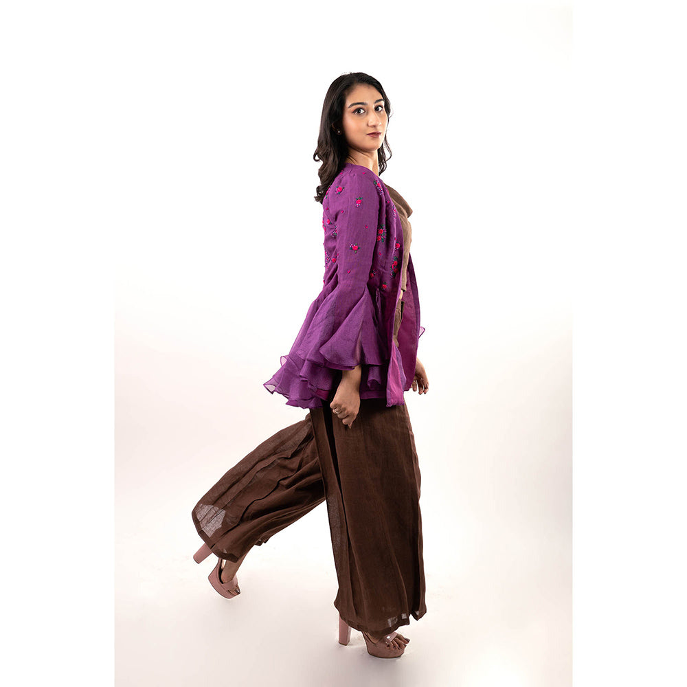 Journal By Pranay Brown Zahra Embroidered Jacket with Crop Top and Pant (Set of 3)