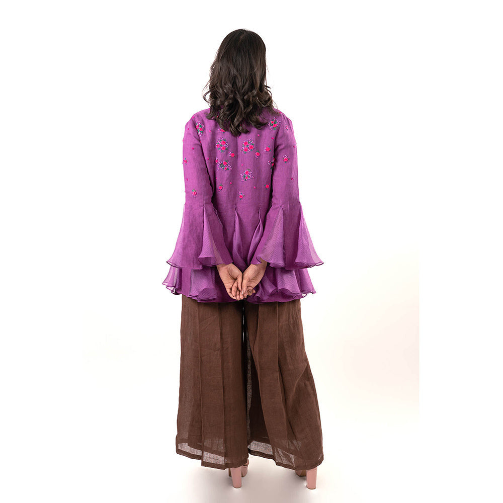 Journal By Pranay Brown Zahra Embroidered Jacket with Crop Top and Pant (Set of 3)