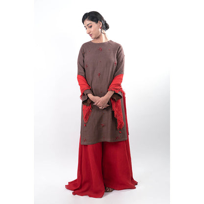 Journal By Pranay Brown Zainab Kurta with Palazzo and Scarf (Set of 3)