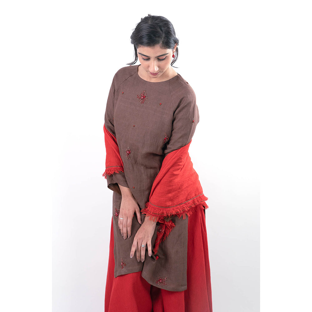 Journal By Pranay Brown Zainab Kurta with Palazzo and Scarf (Set of 3)