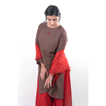Journal By Pranay Brown Zainab Kurta with Palazzo and Scarf (Set of 3)