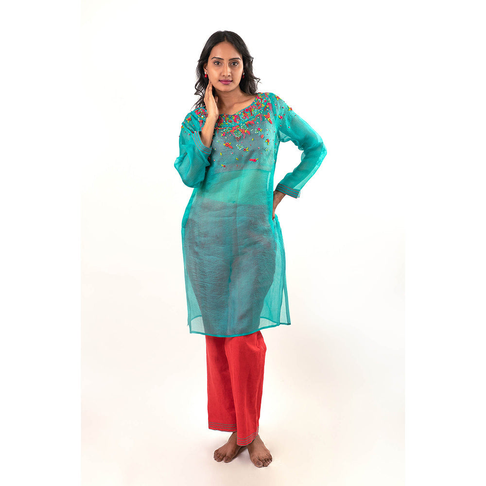 Journal By Pranay Teal Nazrin Floral Embroidered Kurta with Bustier and Pant (Set of 3)