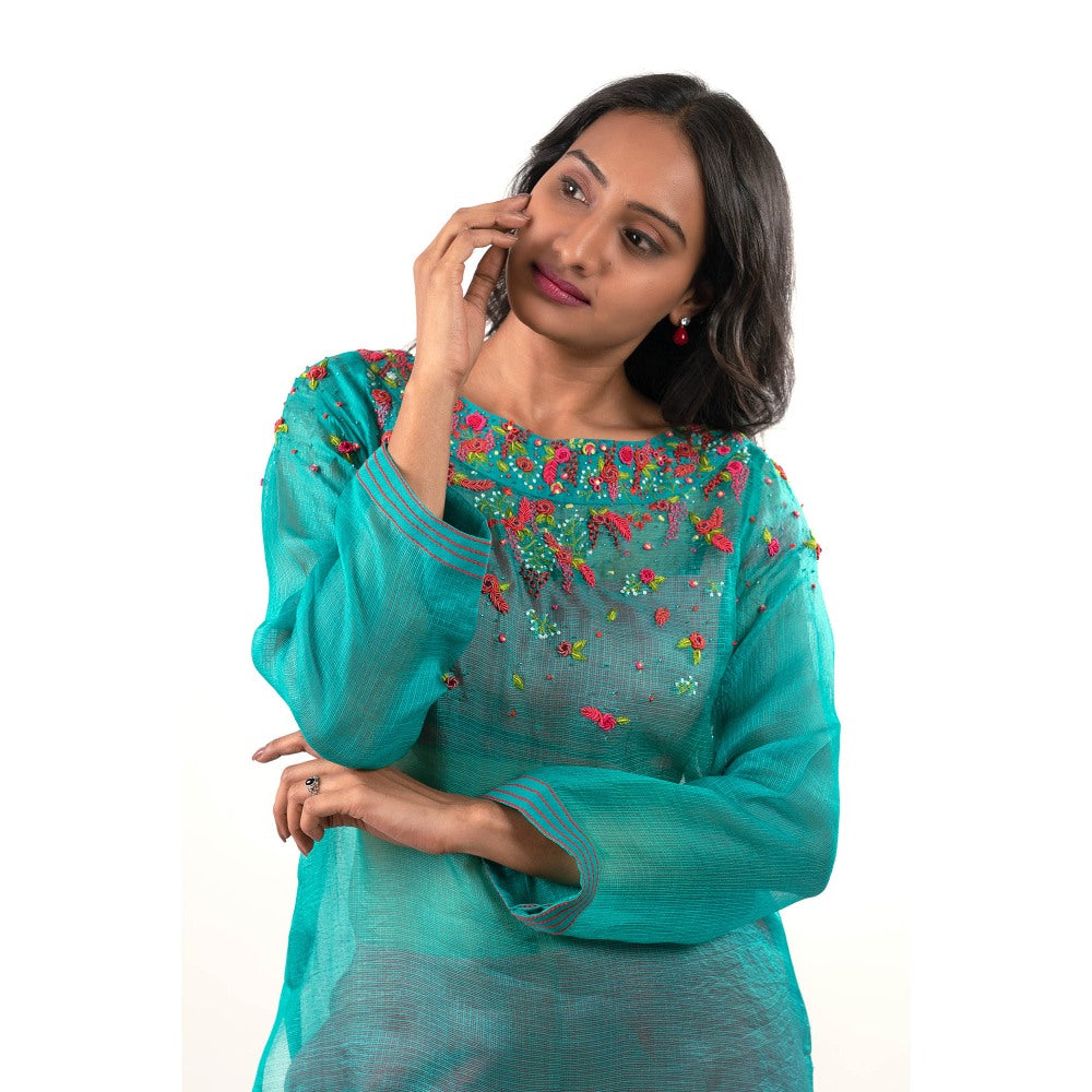 Journal By Pranay Teal Nazrin Floral Embroidered Kurta with Bustier and Pant (Set of 3)