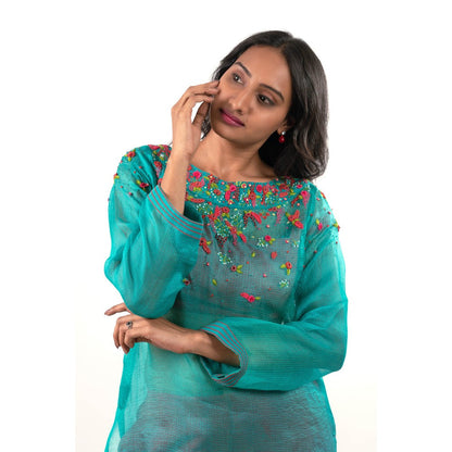 Journal By Pranay Teal Nazrin Floral Embroidered Kurta with Bustier and Pant (Set of 3)