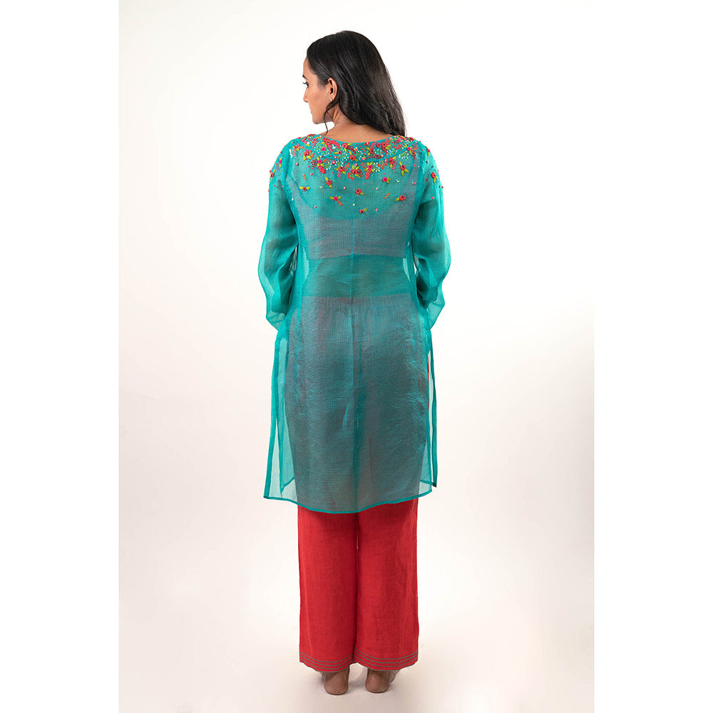 Journal By Pranay Teal Nazrin Floral Embroidered Kurta with Bustier and Pant (Set of 3)
