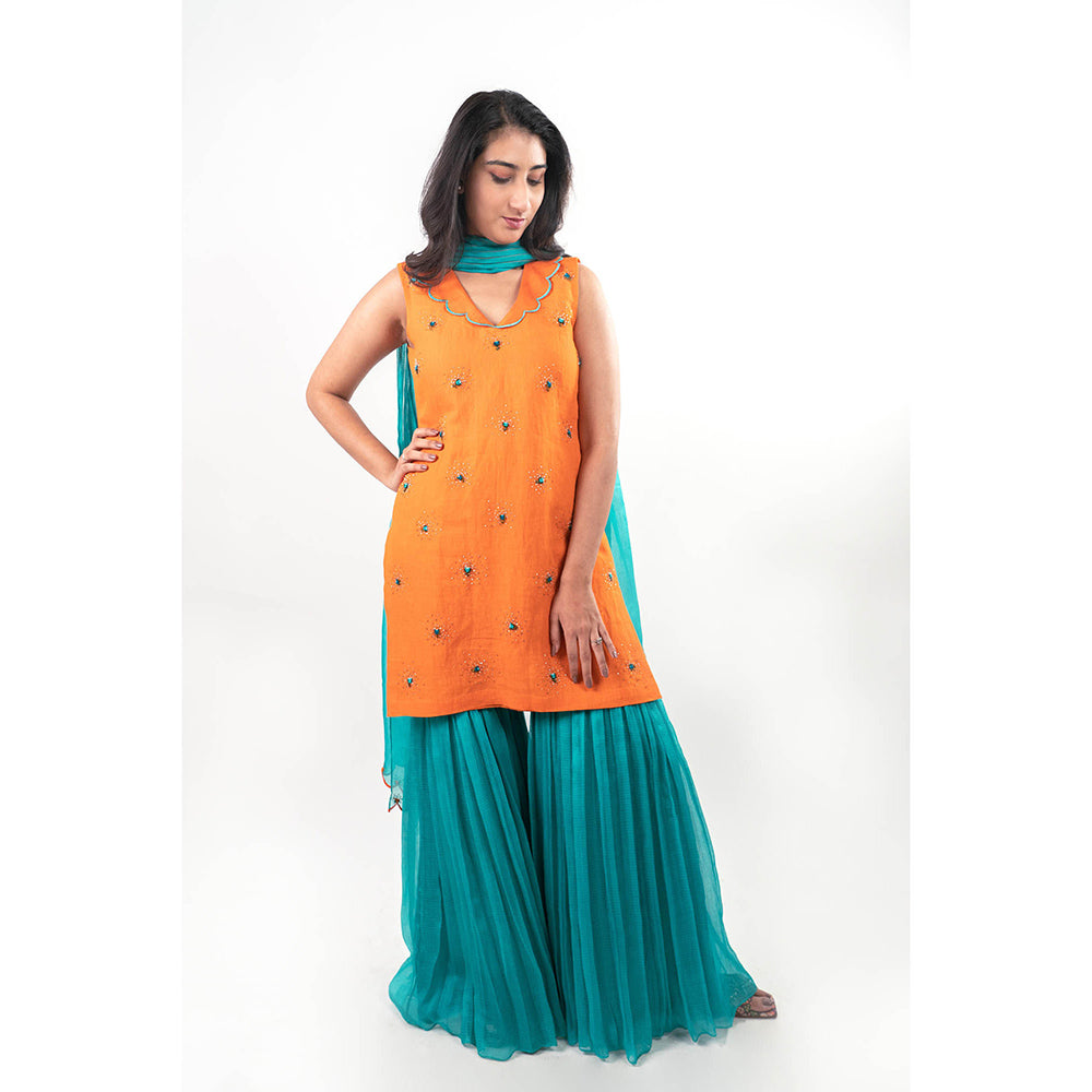 Journal By Pranay Orange Mehak Embroidered Kurta with Sharara and Dupatta (Set of 3)