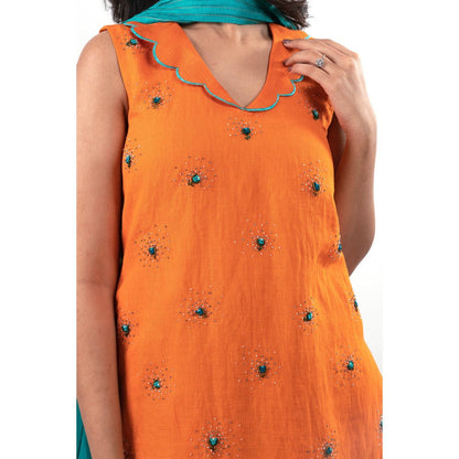 Journal By Pranay Orange Mehak Embroidered Kurta with Sharara and Dupatta (Set of 3)