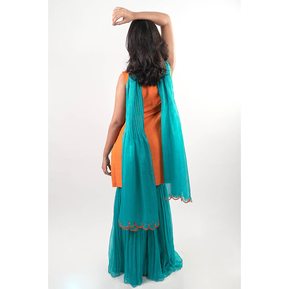 Journal By Pranay Orange Mehak Embroidered Kurta with Sharara and Dupatta (Set of 3)