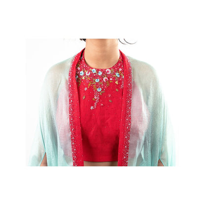 Journal By Pranay Blue Zuhaira Embroidered Lehenga with Blouse and Cape (Set of 3)