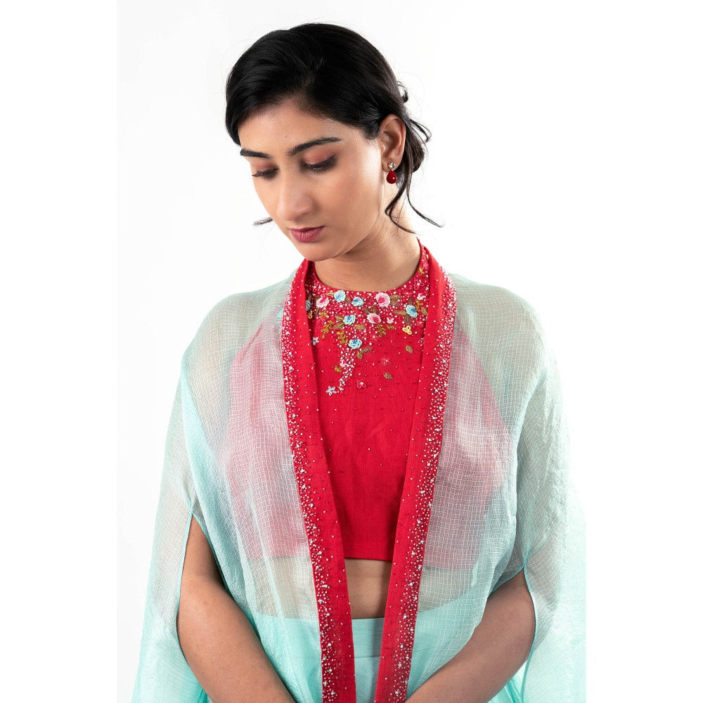 Journal By Pranay Blue Zuhaira Embroidered Lehenga with Blouse and Cape (Set of 3)