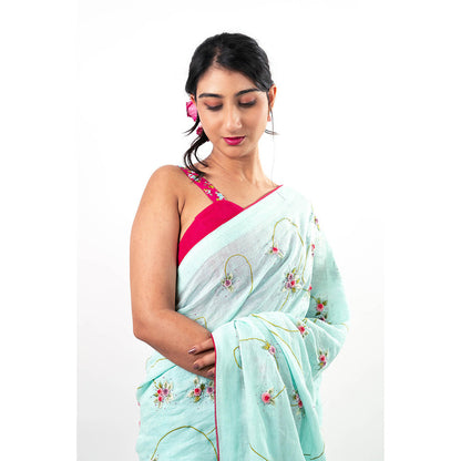 Journal By Pranay Blue Zunaira Embroidered Saree with Stitched Blouse