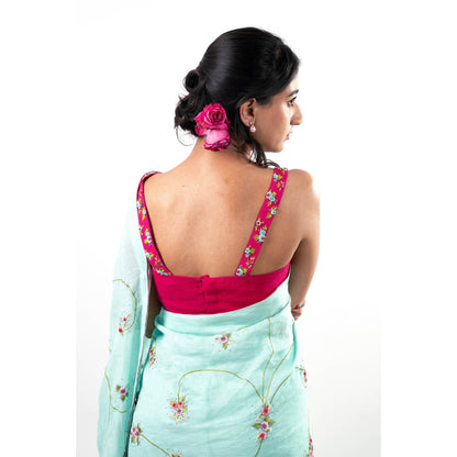 Journal By Pranay Blue Zunaira Embroidered Saree with Stitched Blouse