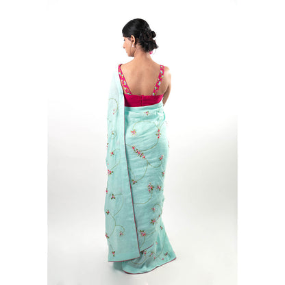 Journal By Pranay Blue Zunaira Embroidered Saree with Stitched Blouse