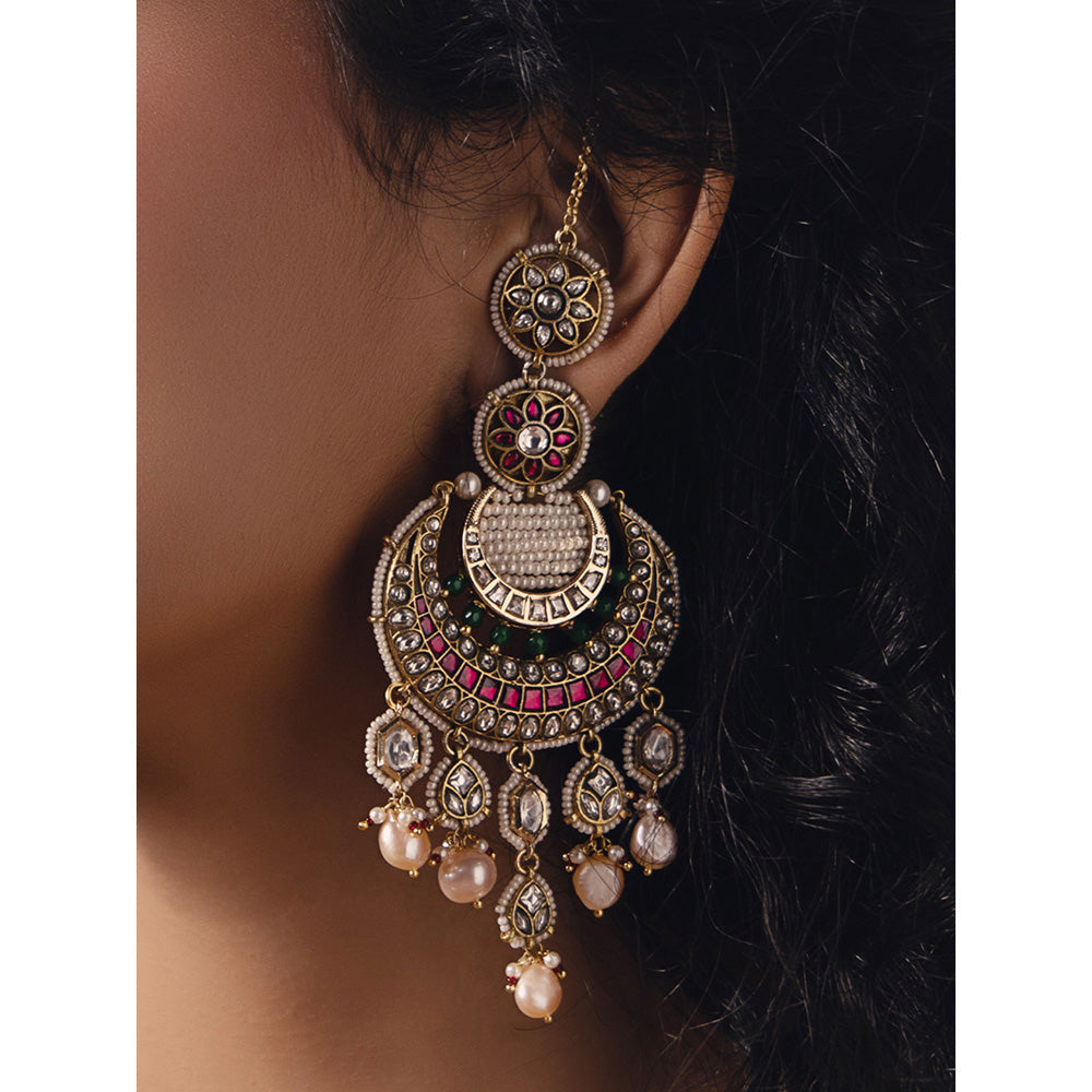 Joules By Radhika Multi-Color Polki-Pearl Glamorous Gold Earrings