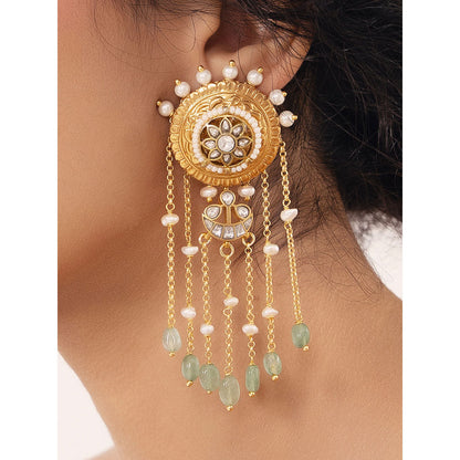 Joules By Radhika White Polki-Pearl Sophisticated Green Earrings