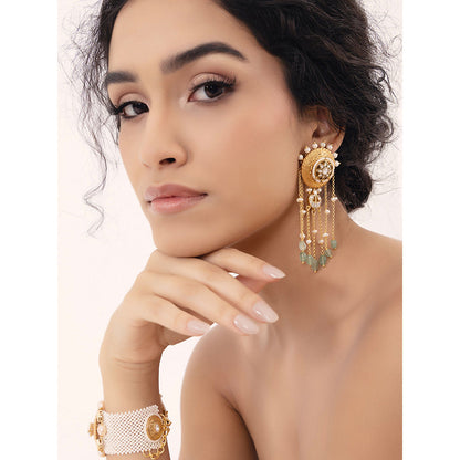 Joules By Radhika White Polki-Pearl Sophisticated Green Earrings