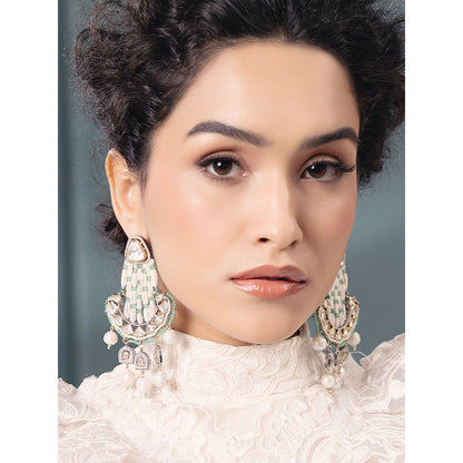 Joules By Radhika White Polki-Pearl Elegant White Green Earrings