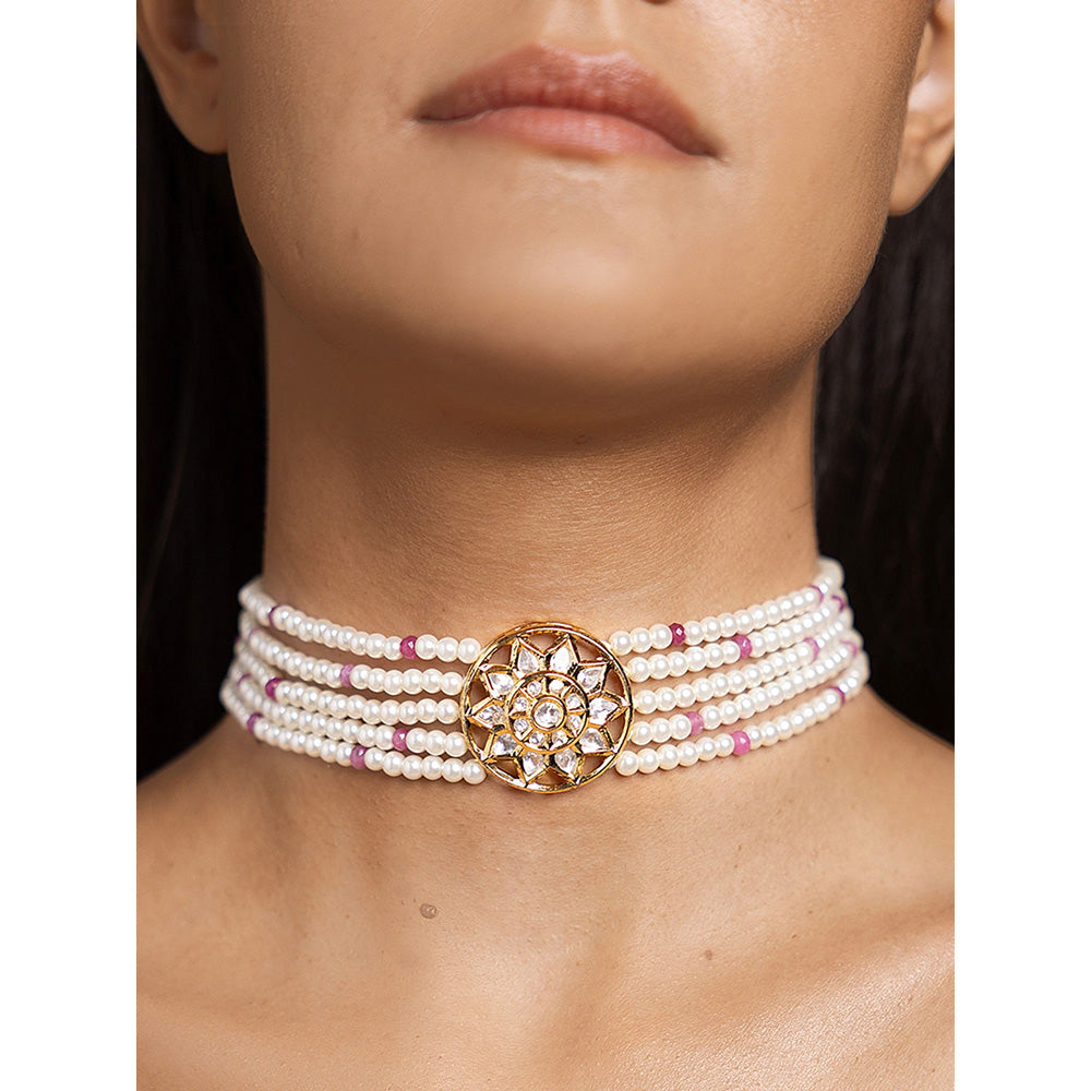 Joules By Radhika Pearl White and Pink Choker Necklace