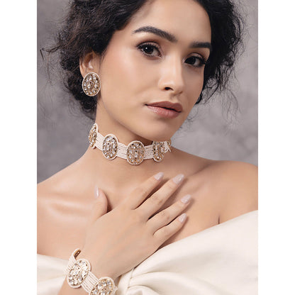 Joules By Radhika White Polki-Pearl Exquisite Choker Necklace with Earrings
