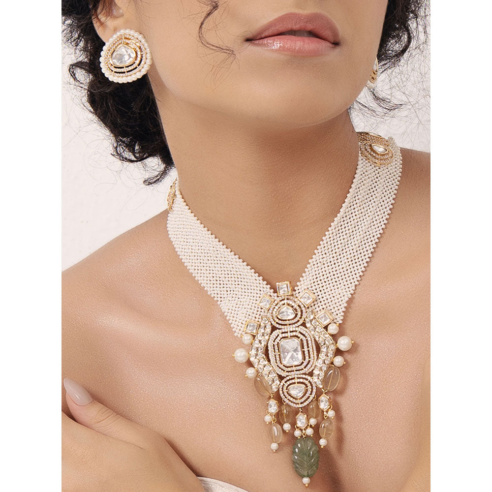 Joules By Radhika White Polki-Pearl Sophisticated Necklace with Earrings