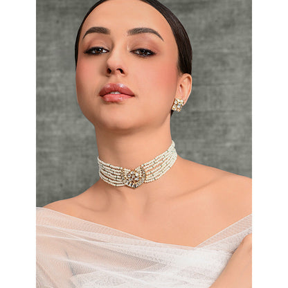 Joules By Radhika White Eclectic Beaded Choker with Earrings