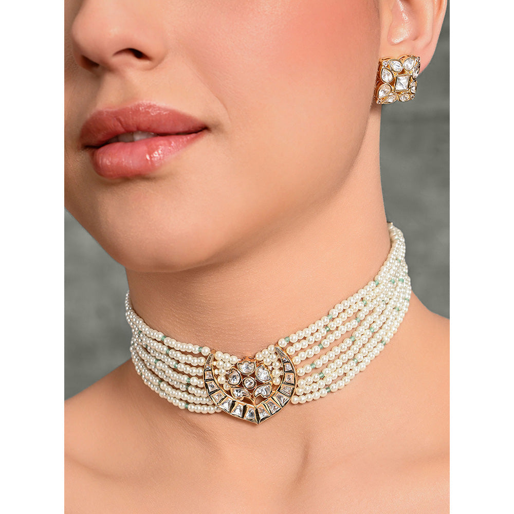 Joules By Radhika White Eclectic Beaded Choker with Earrings