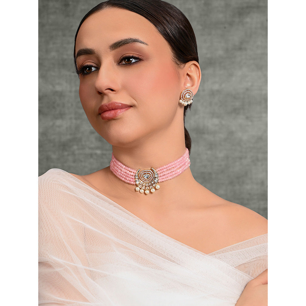 Joules By Radhika Pink & White Scintillating Beaded Choker with Earrings